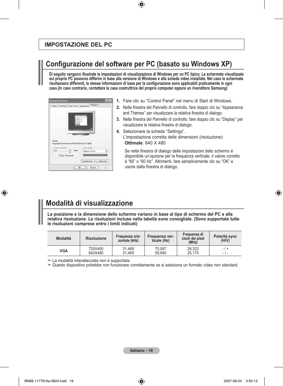 Impostazione del pc | Samsung LE20S81B User Manual | Page 109 / 271