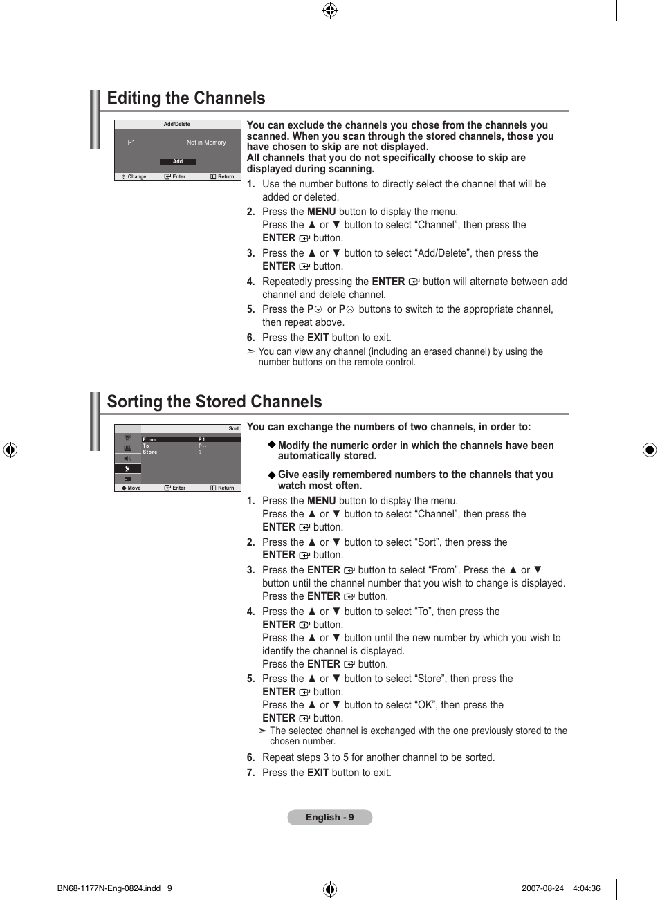 Editing the channels, Sorting the stored channels | Samsung LE20S81B User Manual | Page 11 / 271