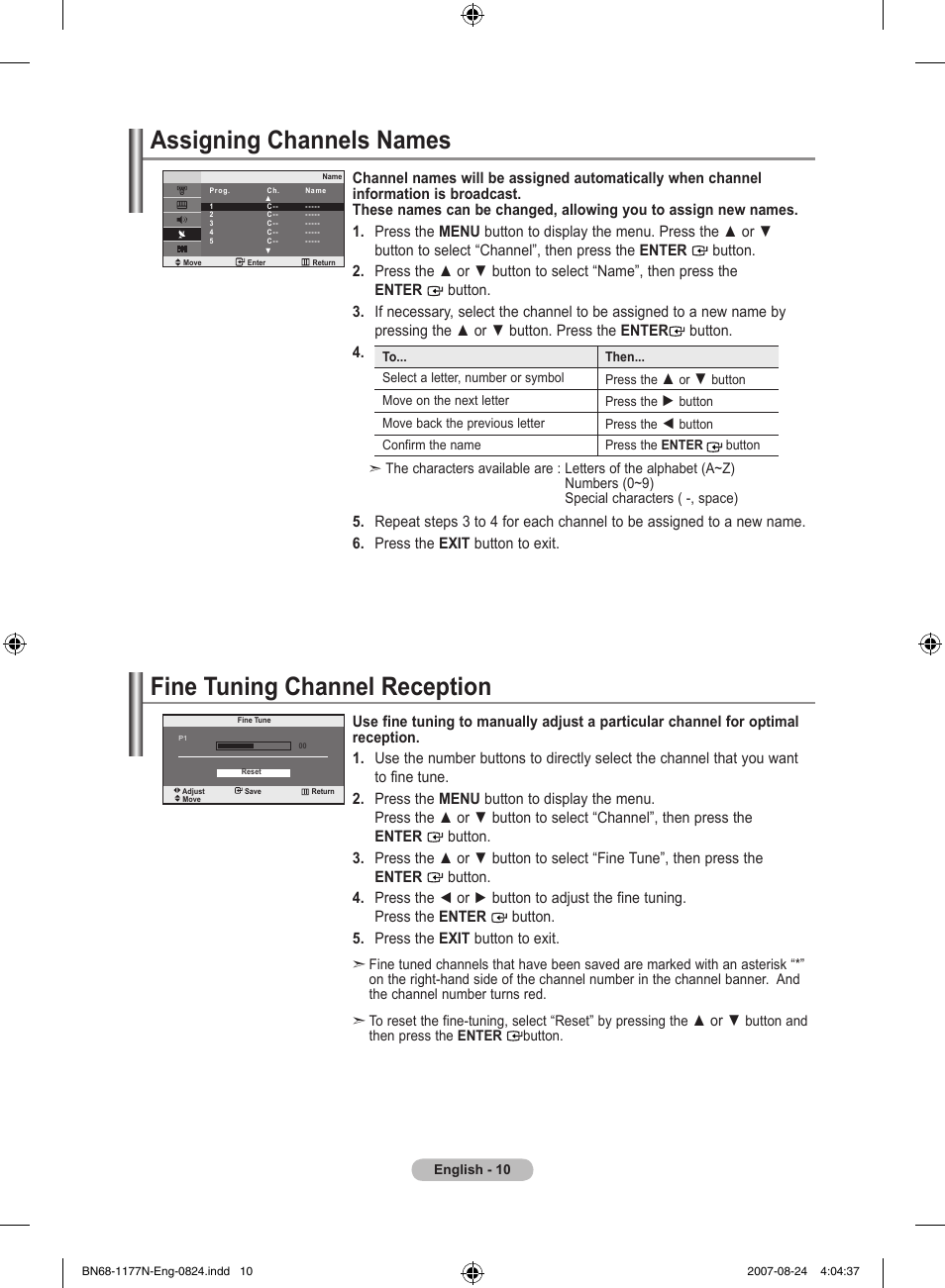 Assigning channels names, Fine tuning channel reception | Samsung LE20S81B User Manual | Page 12 / 271