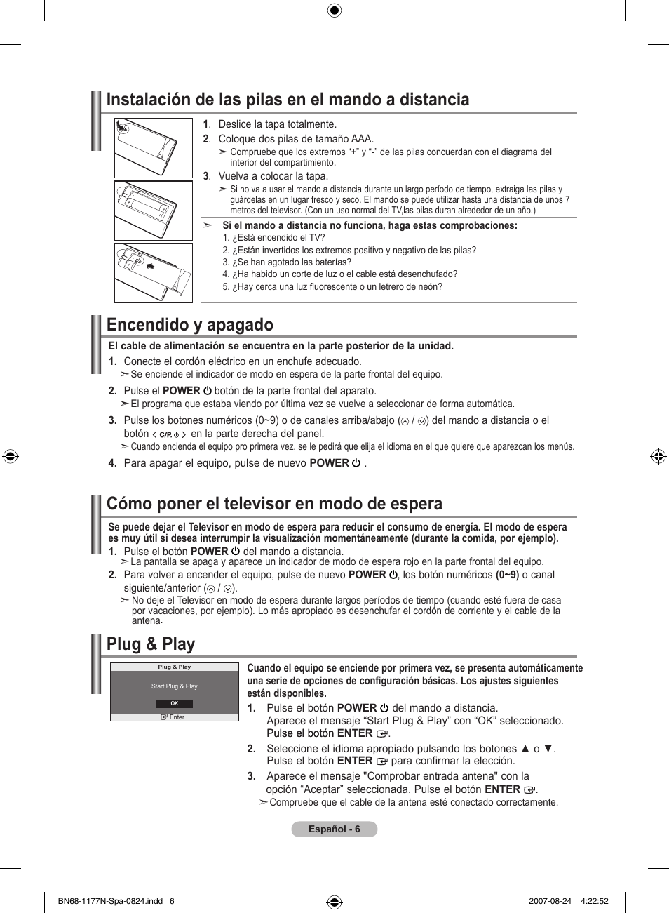 Encendido y apagado, Cómo poner el televisor en modo de espera, Plug & play | Instalación de las pilas en el mando a distancia | Samsung LE20S81B User Manual | Page 120 / 271