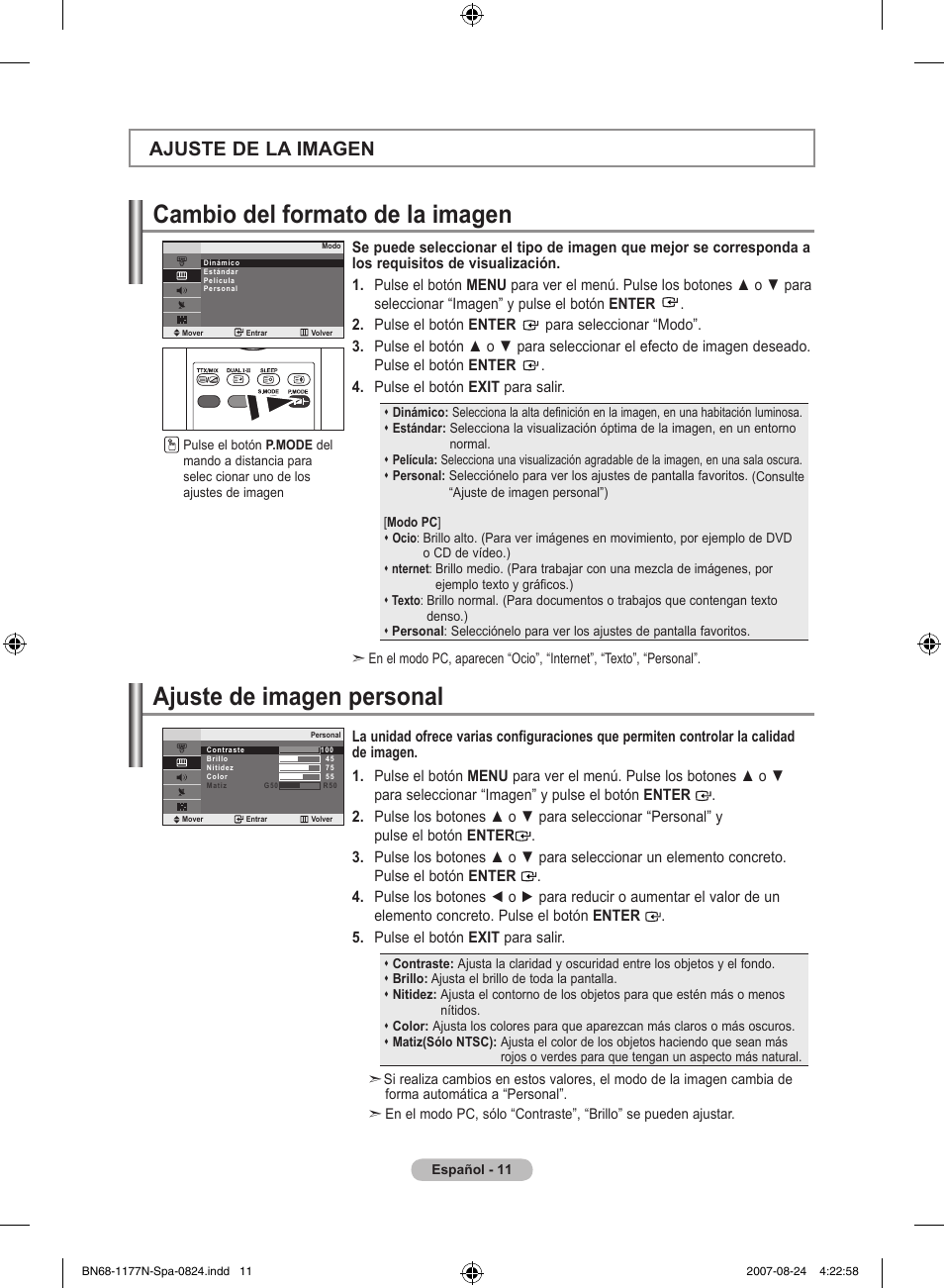 Cambio del formato de la imagen, Ajuste de imagen personal, Ajuste de la imagen | Samsung LE20S81B User Manual | Page 125 / 271
