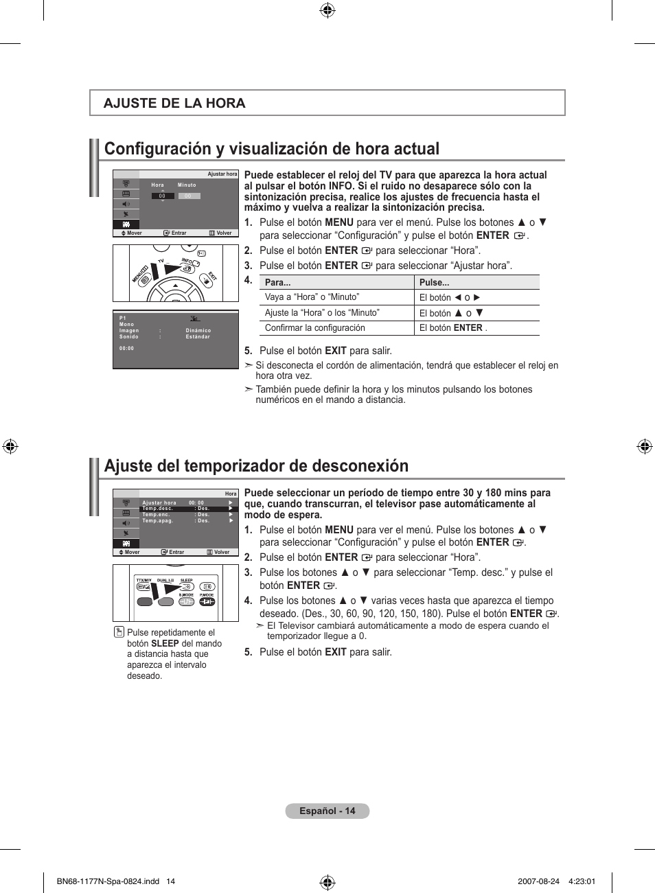 Configuración y visualización de hora actual, Ajuste del temporizador de desconexión, Ajuste de la hora | Pulse el botón exit para salir | Samsung LE20S81B User Manual | Page 128 / 271