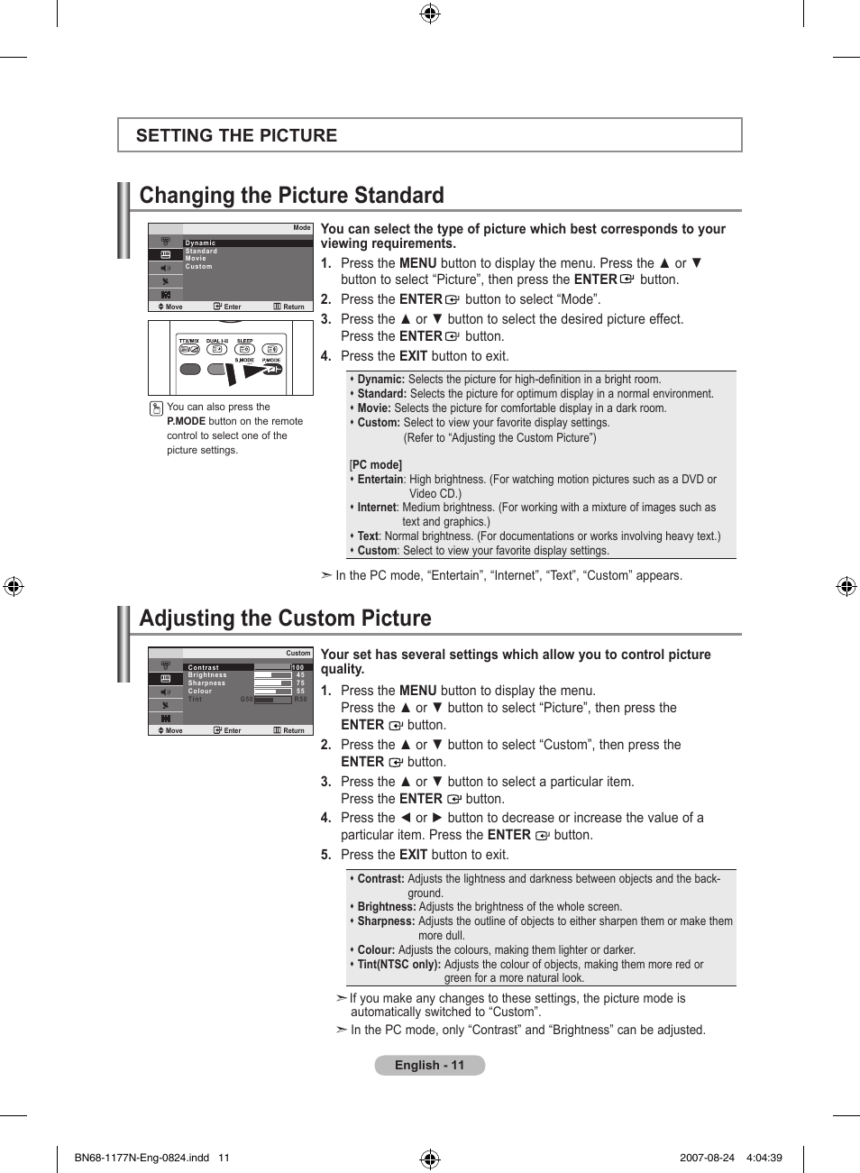 Setting the picture, Changing the picture standard, Adjusting the custom picture | Samsung LE20S81B User Manual | Page 13 / 271