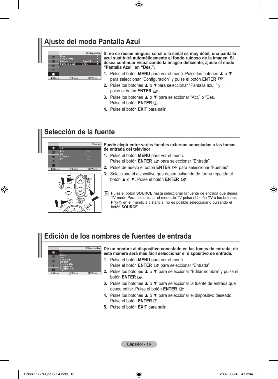 Ajuste del modo pantalla azul, Selección de la fuente, Edición de los nombres de fuentes de entrada | Samsung LE20S81B User Manual | Page 130 / 271