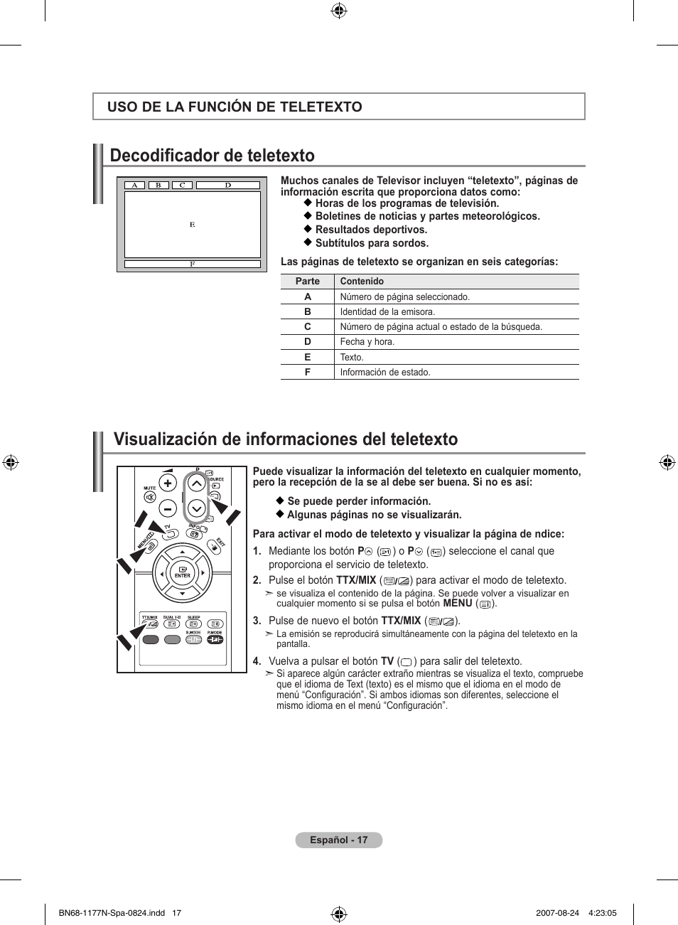 Decodificador de teletexto, Visualización de informaciones del teletexto, Uso de la función de teletexto | Samsung LE20S81B User Manual | Page 131 / 271