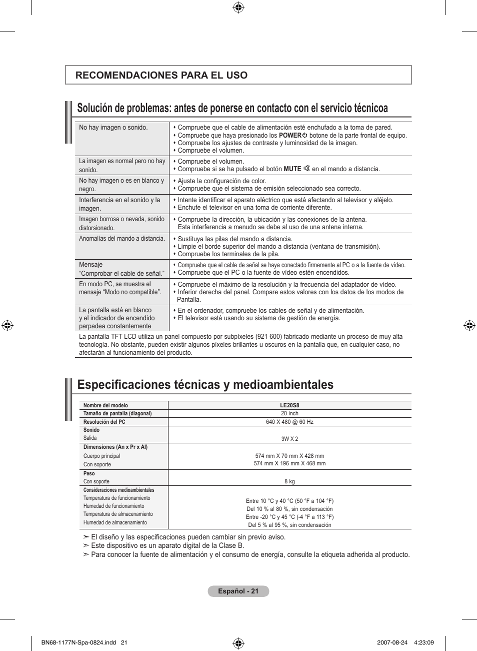 Especificaciones técnicas y medioambientales, Recomendaciones para el uso | Samsung LE20S81B User Manual | Page 135 / 271
