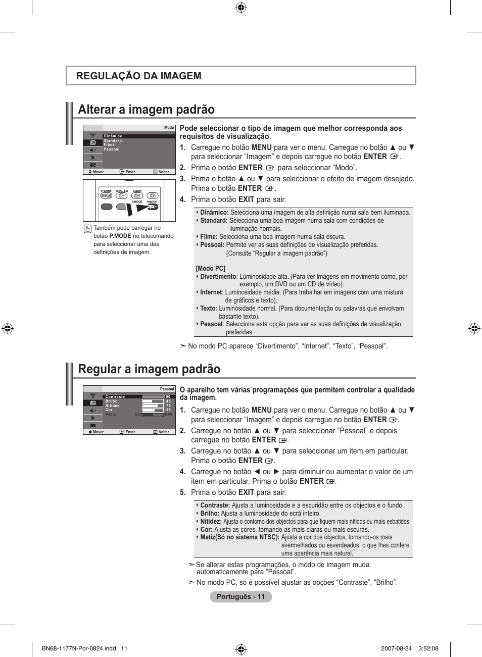 Alterar a imagem padrão, Regular a imagem padrão, Regulação da imagem | Samsung LE20S81B User Manual | Page 147 / 271
