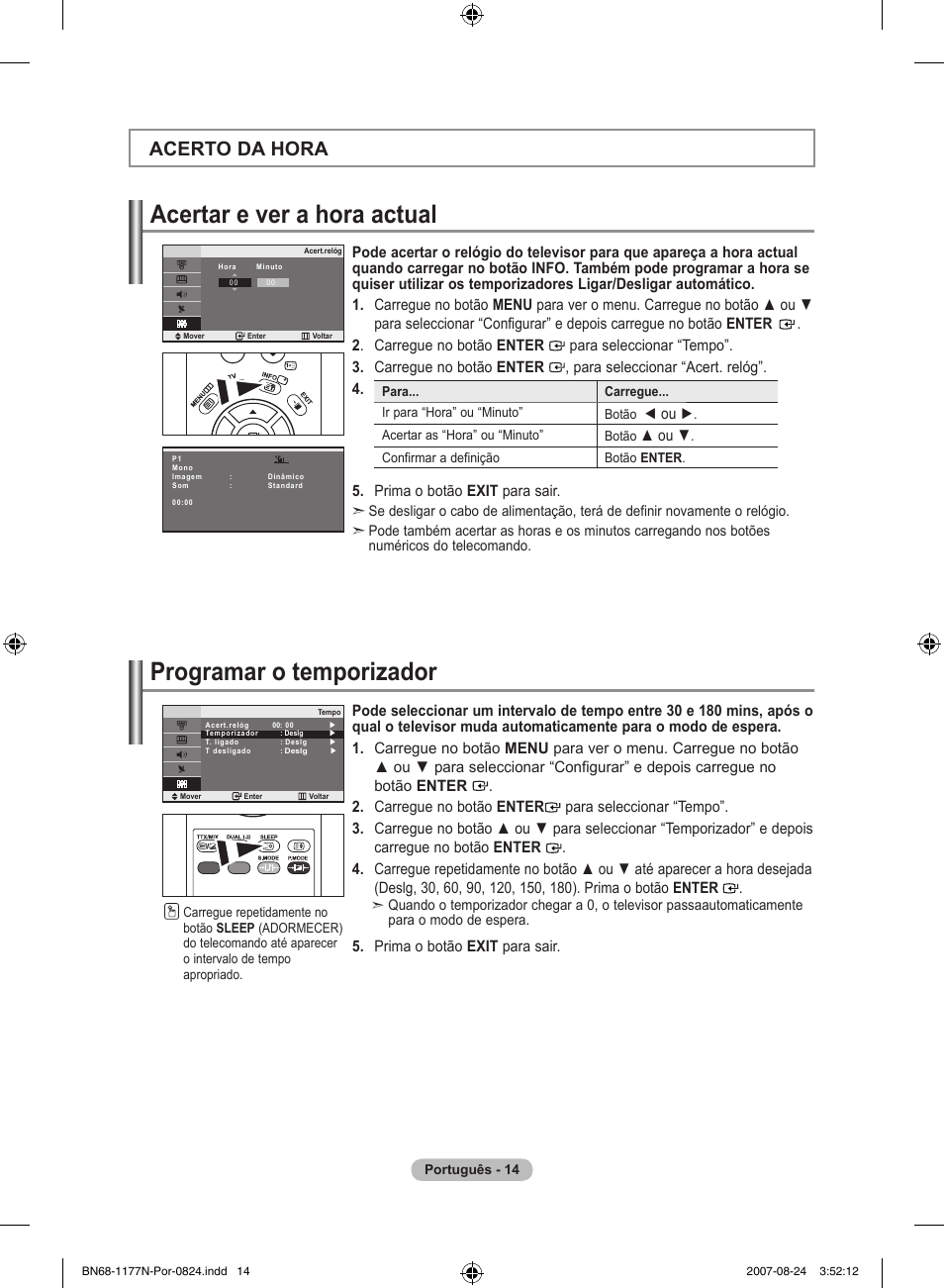 Acertar e ver a hora actual, Programar o temporizador, Acerto da hora | Prima o botão exit para sair | Samsung LE20S81B User Manual | Page 150 / 271