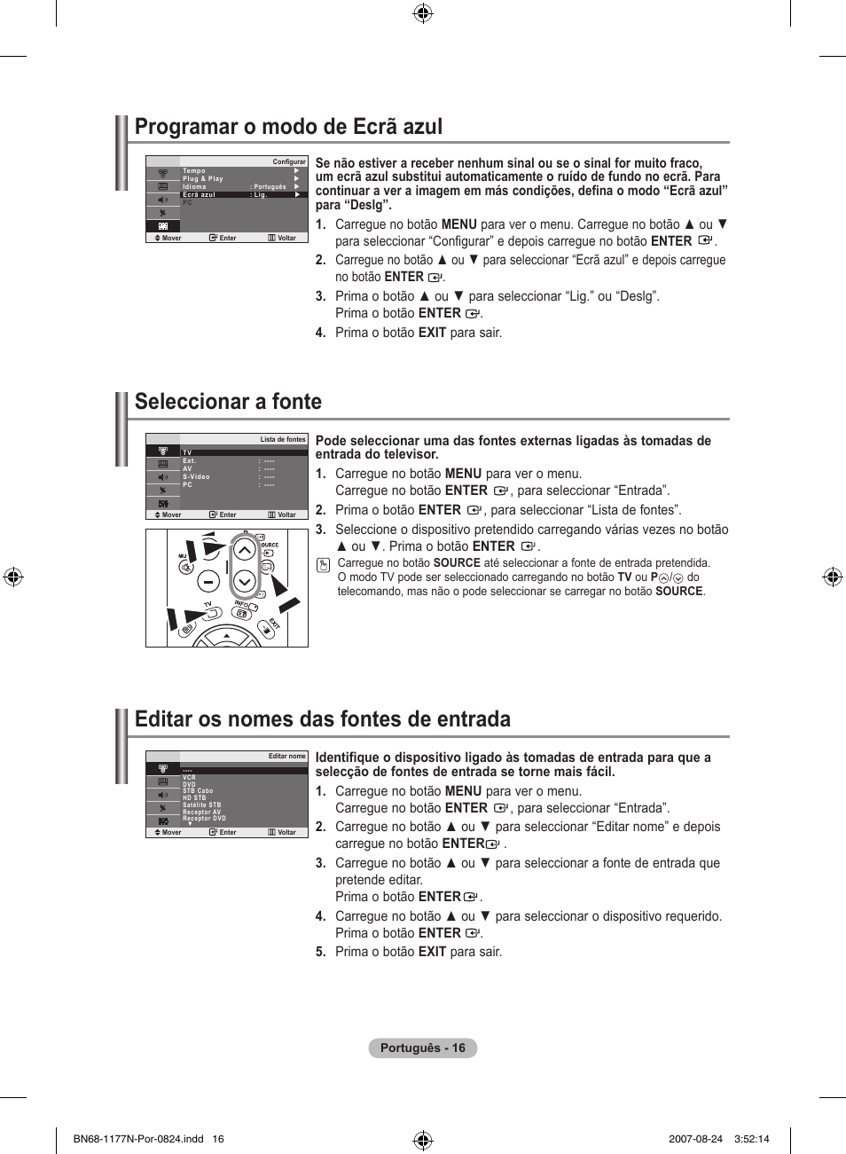 Programar o modo de ecrã azul, Seleccionar a fonte, Editar os nomes das fontes de entrada | Samsung LE20S81B User Manual | Page 152 / 271
