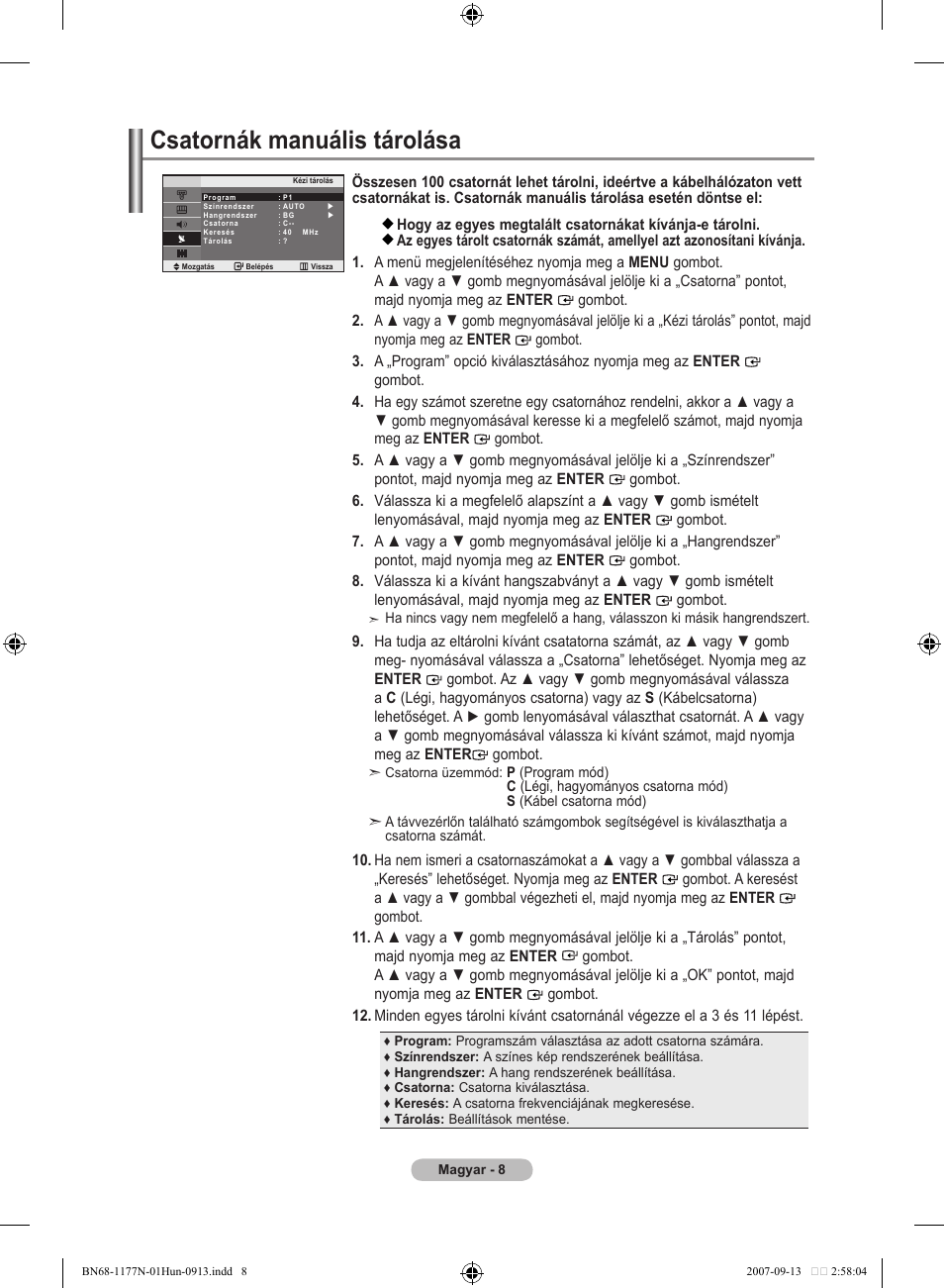 Csatornák manuális tárolása | Samsung LE20S81B User Manual | Page 166 / 271