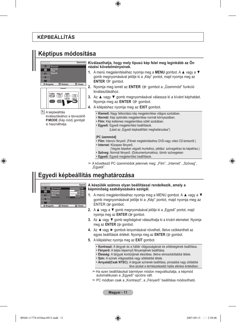 Képtípus módosítása, Egyedi képbeállítás meghatározása, Képbeállítás | Samsung LE20S81B User Manual | Page 169 / 271