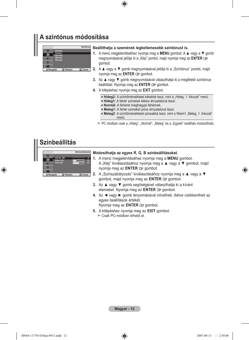 A színtónus módosítása, Színbeállítás | Samsung LE20S81B User Manual | Page 170 / 271