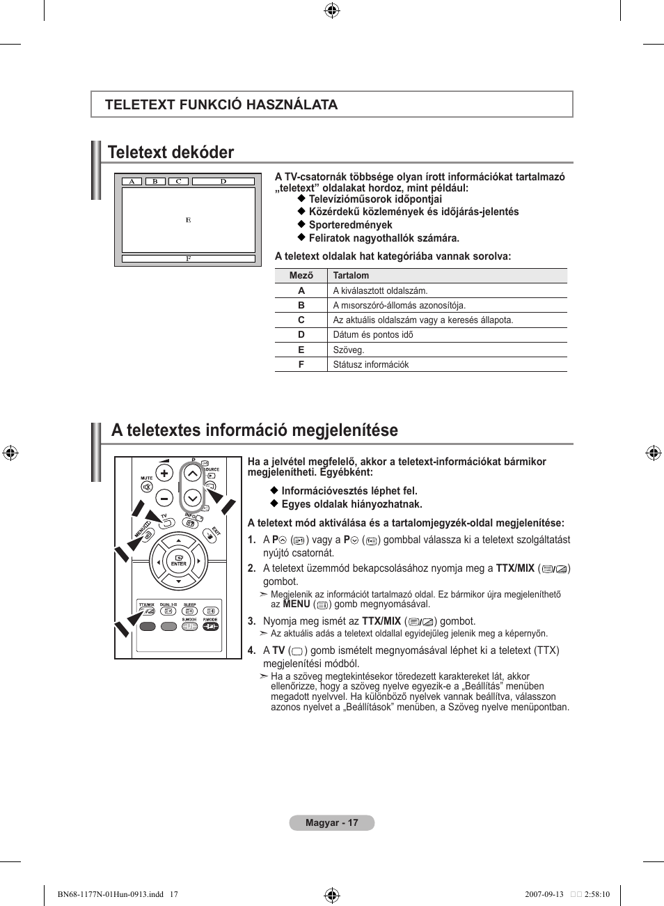 Teletext dekóder, A teletextes információ megjelenítése, Teletext funkció használata | Samsung LE20S81B User Manual | Page 175 / 271