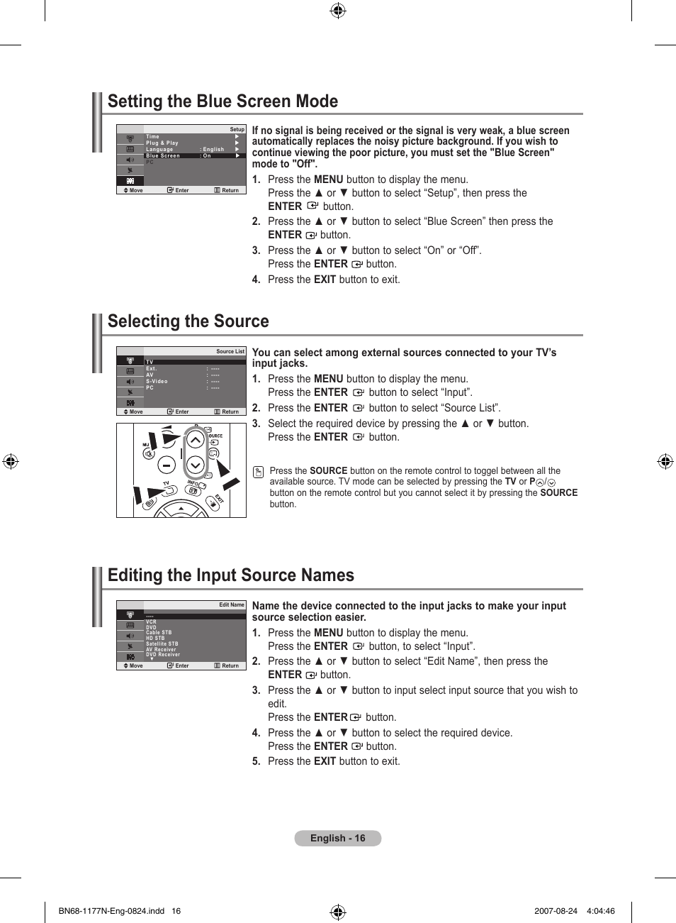 Setting the blue screen mode, Selecting the source, Editing the input source names | Samsung LE20S81B User Manual | Page 18 / 271