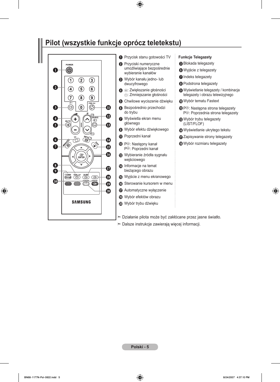Pilot (wszystkie funkcje oprócz teletekstu) | Samsung LE20S81B User Manual | Page 185 / 271