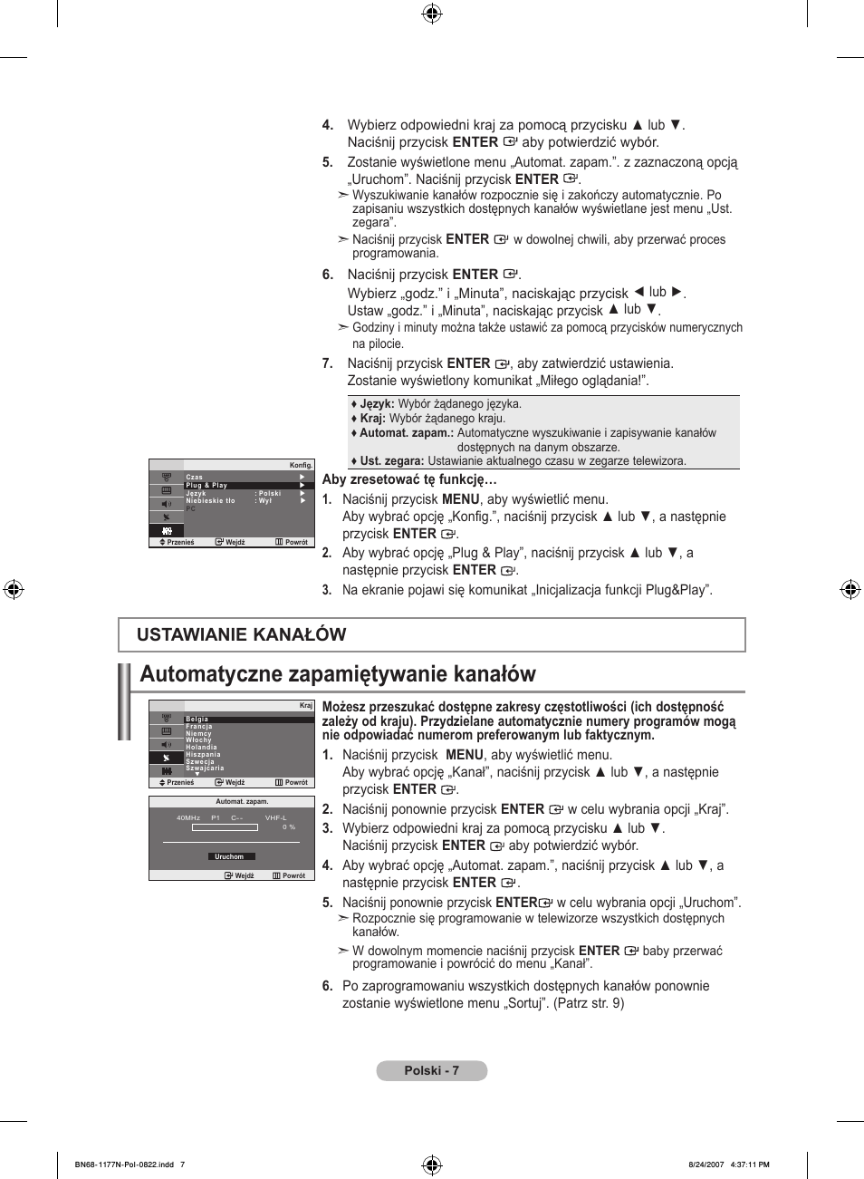 Automatyczne zapamiętywanie kanałów, Ustawianie kanałów, Enter | Samsung LE20S81B User Manual | Page 187 / 271