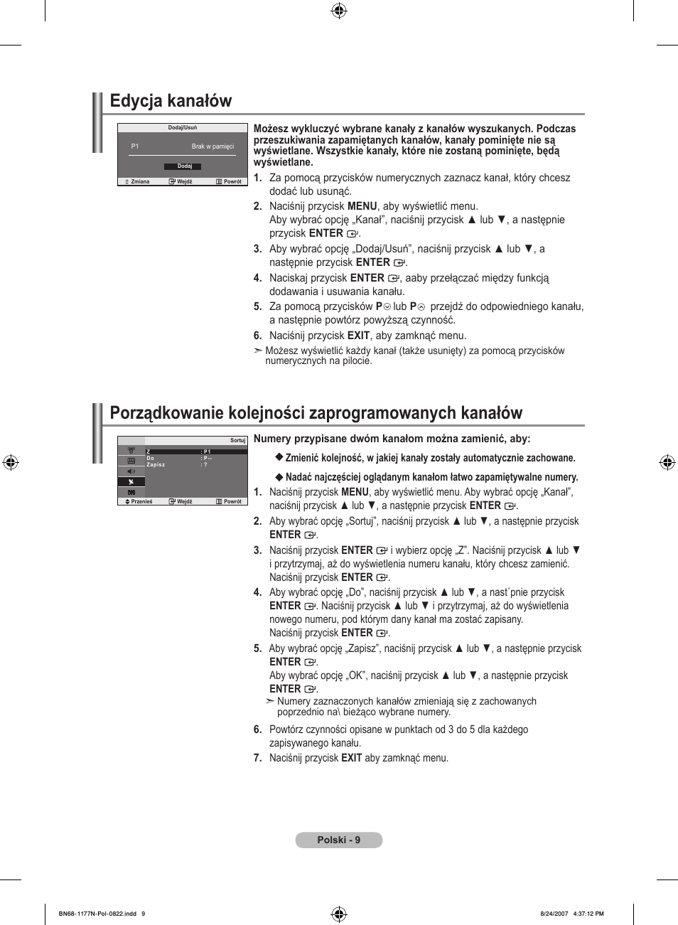 Edycja kanałów, Porządkowanie kolejności zaprogramowanych kanałów | Samsung LE20S81B User Manual | Page 189 / 271