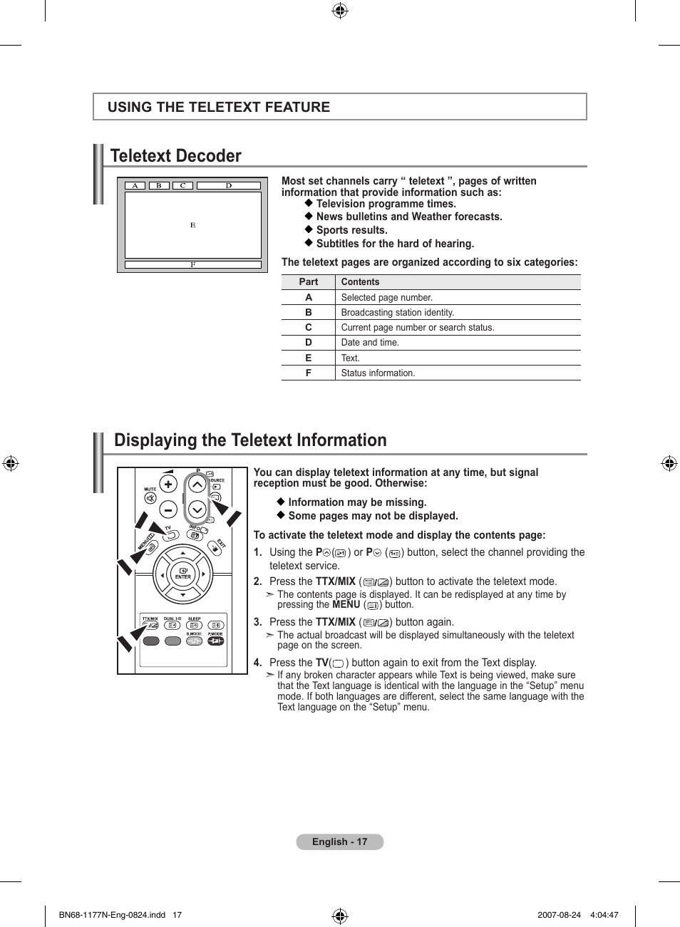 Using the teletext feature, Teletext decoder, Displaying the teletext information | Samsung LE20S81B User Manual | Page 19 / 271