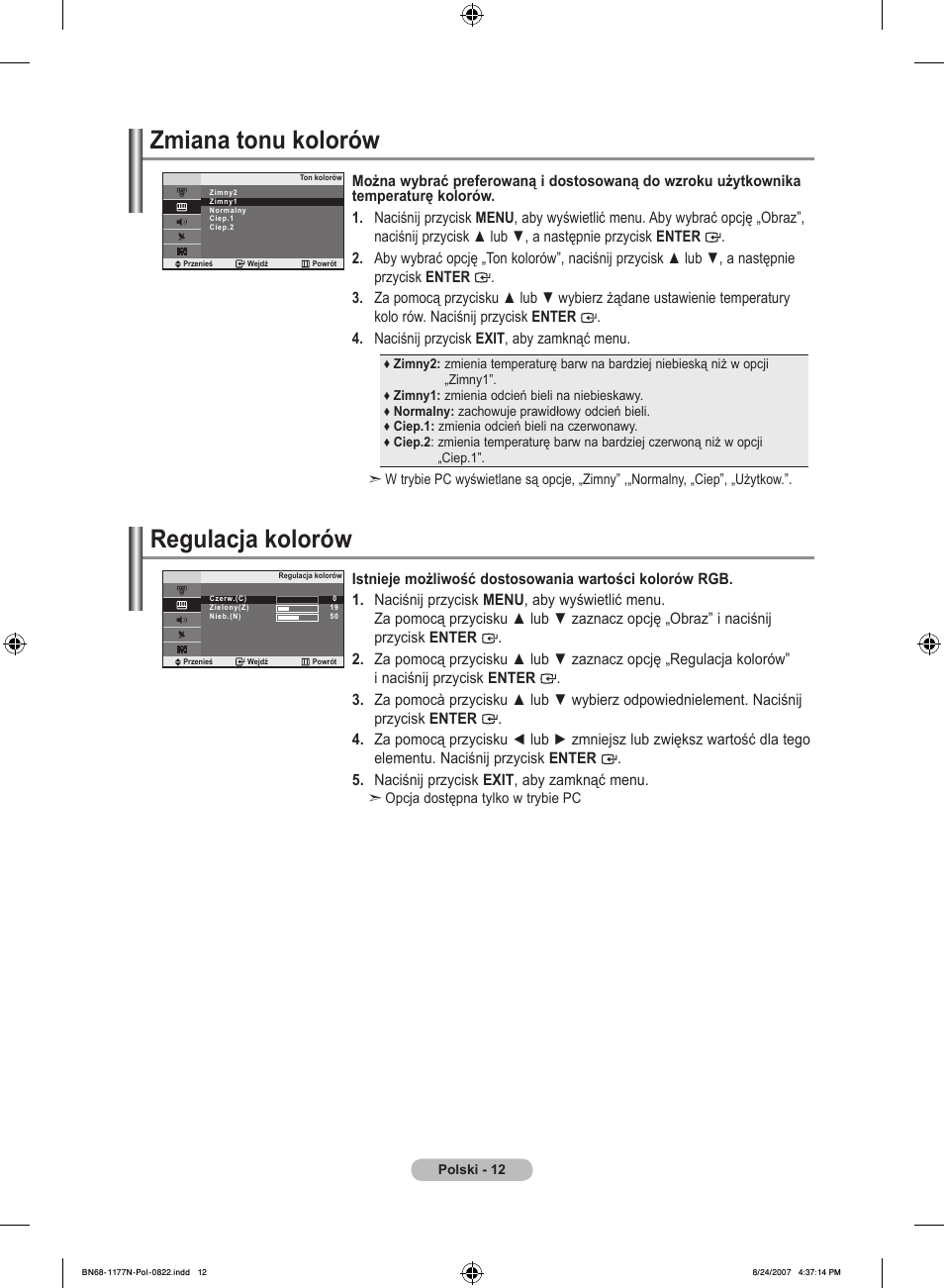 Zmiana tonu kolorów, Regulacja kolorów | Samsung LE20S81B User Manual | Page 192 / 271