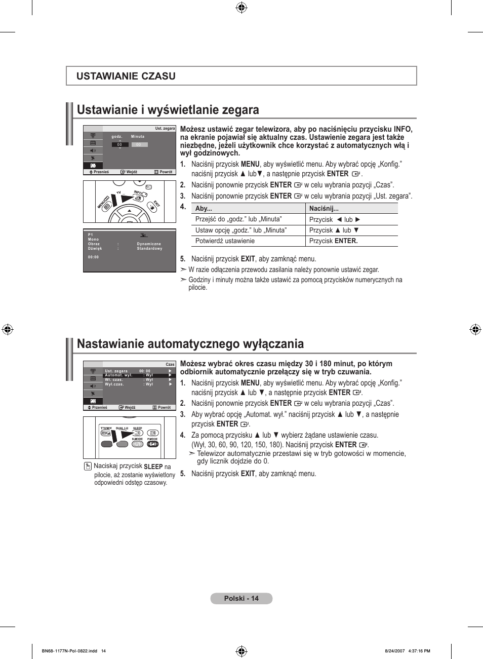 Ustawianie i wyświetlanie zegara, Nastawianie automatycznego wyłączania, Ustawianie czasu | Naciśnij przycisk exit , aby zamknąć menu | Samsung LE20S81B User Manual | Page 194 / 271