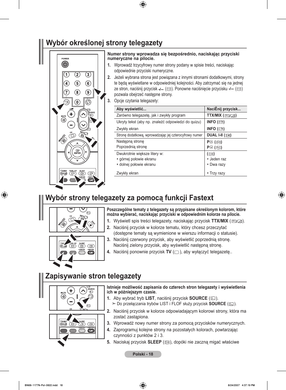 Wybór określonej strony telegazety, Wybór strony telegazety za pomocą funkcji fastext, Zapisywanie stron telegazety | Samsung LE20S81B User Manual | Page 198 / 271