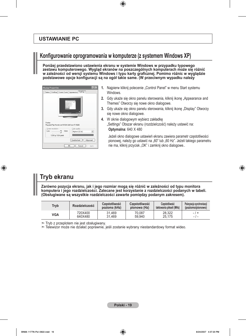 Ustawianie pc | Samsung LE20S81B User Manual | Page 199 / 271