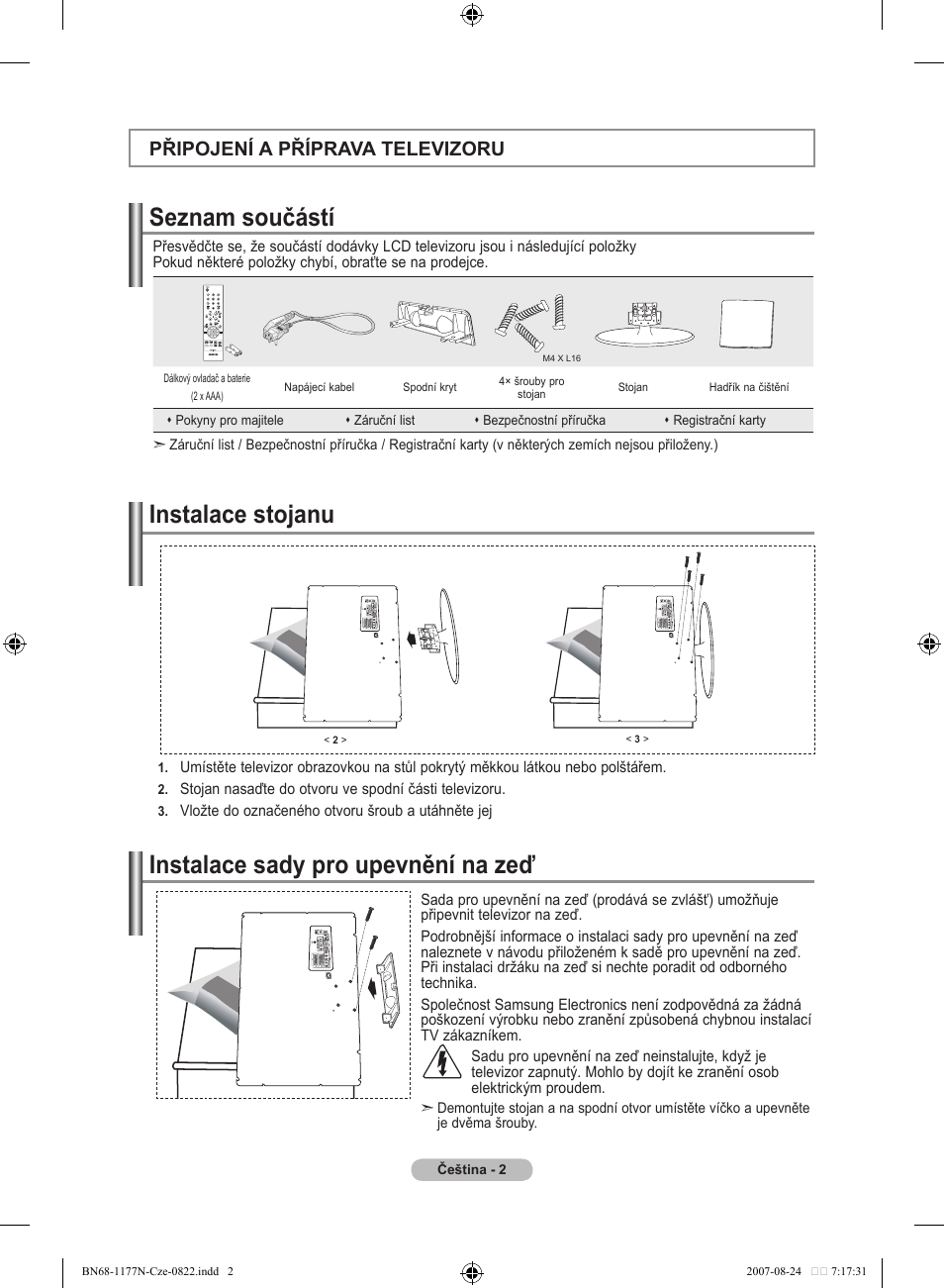 Seznam součástí, Připojení a příprava televizoru | Samsung LE20S81B User Manual | Page 204 / 271