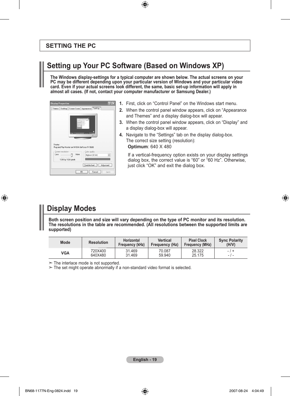 Setting the pc, Setting up your pc software (based on windows xp), Display modes | Samsung LE20S81B User Manual | Page 21 / 271