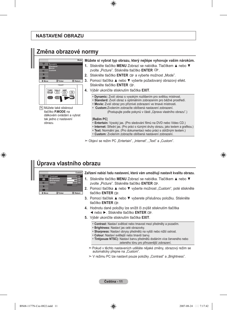 Změna obrazové normy, Úprava vlastního obrazu, Nastavení obrazu | Samsung LE20S81B User Manual | Page 213 / 271