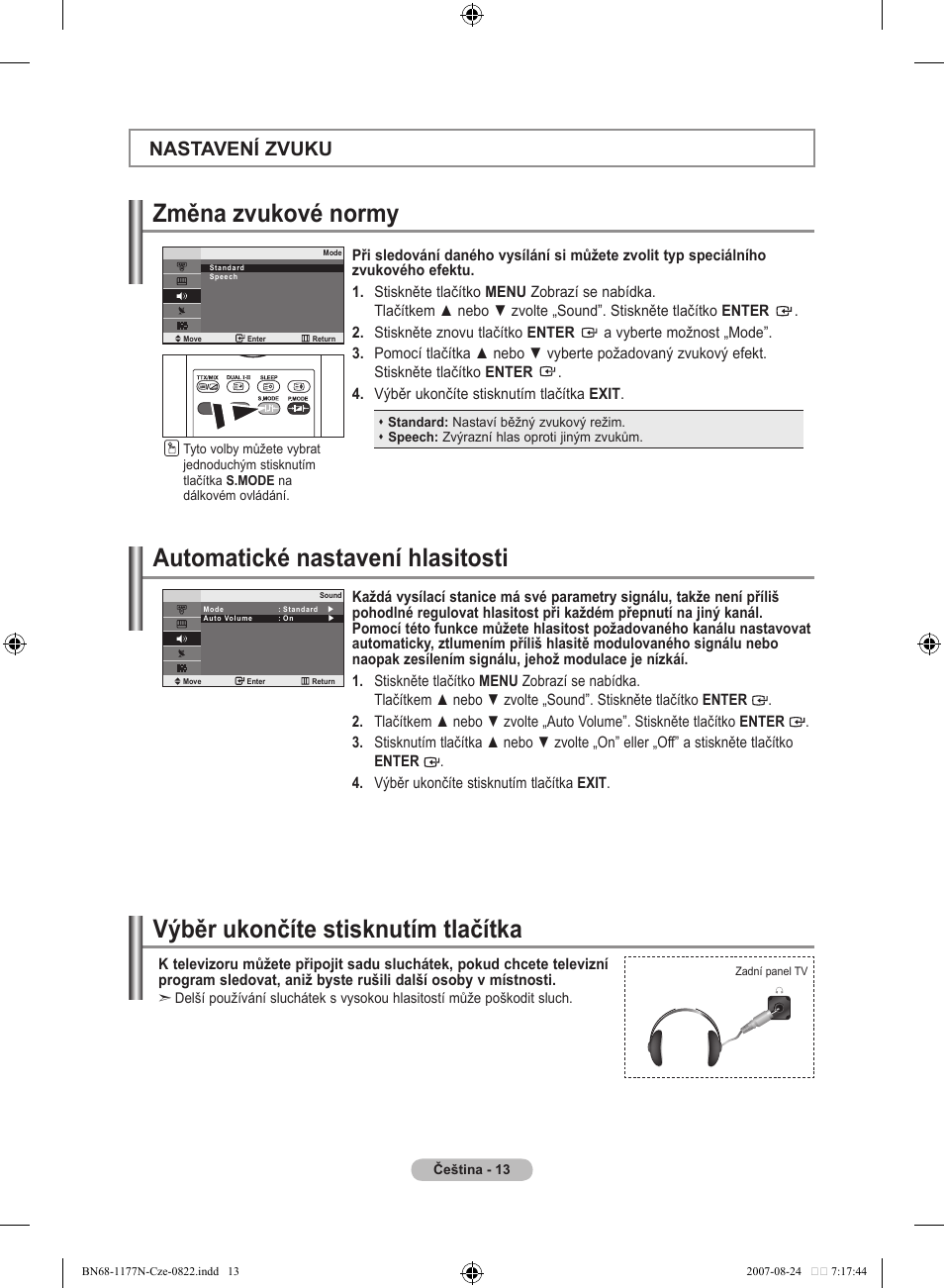 Automatické nastavení hlasitosti, Změna zvukové normy, Výběr ukončíte stisknutím tlačítka | Nastavení zvuku | Samsung LE20S81B User Manual | Page 215 / 271