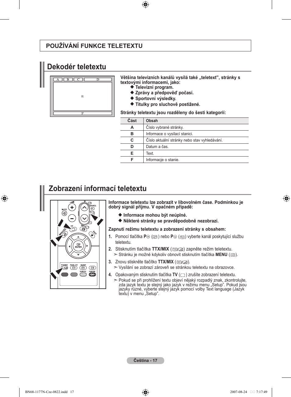 Dekodér teletextu, Zobrazení informací teletextu, Používání funkce teletextu | Samsung LE20S81B User Manual | Page 219 / 271