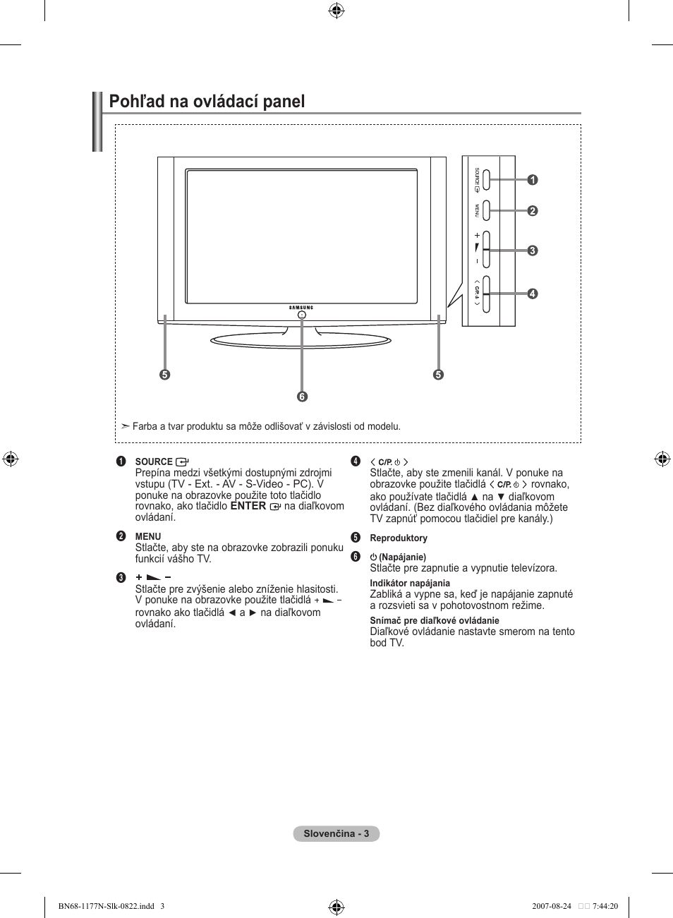 Pohľad na ovládací panel | Samsung LE20S81B User Manual | Page 227 / 271