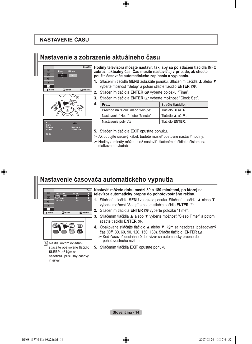 Nastavenie a zobrazenie aktuálneho času, Nastavenie časovača automatického vypnutia, Nastavenie času | Stlačením tlačidla exit opustíte ponuku | Samsung LE20S81B User Manual | Page 238 / 271