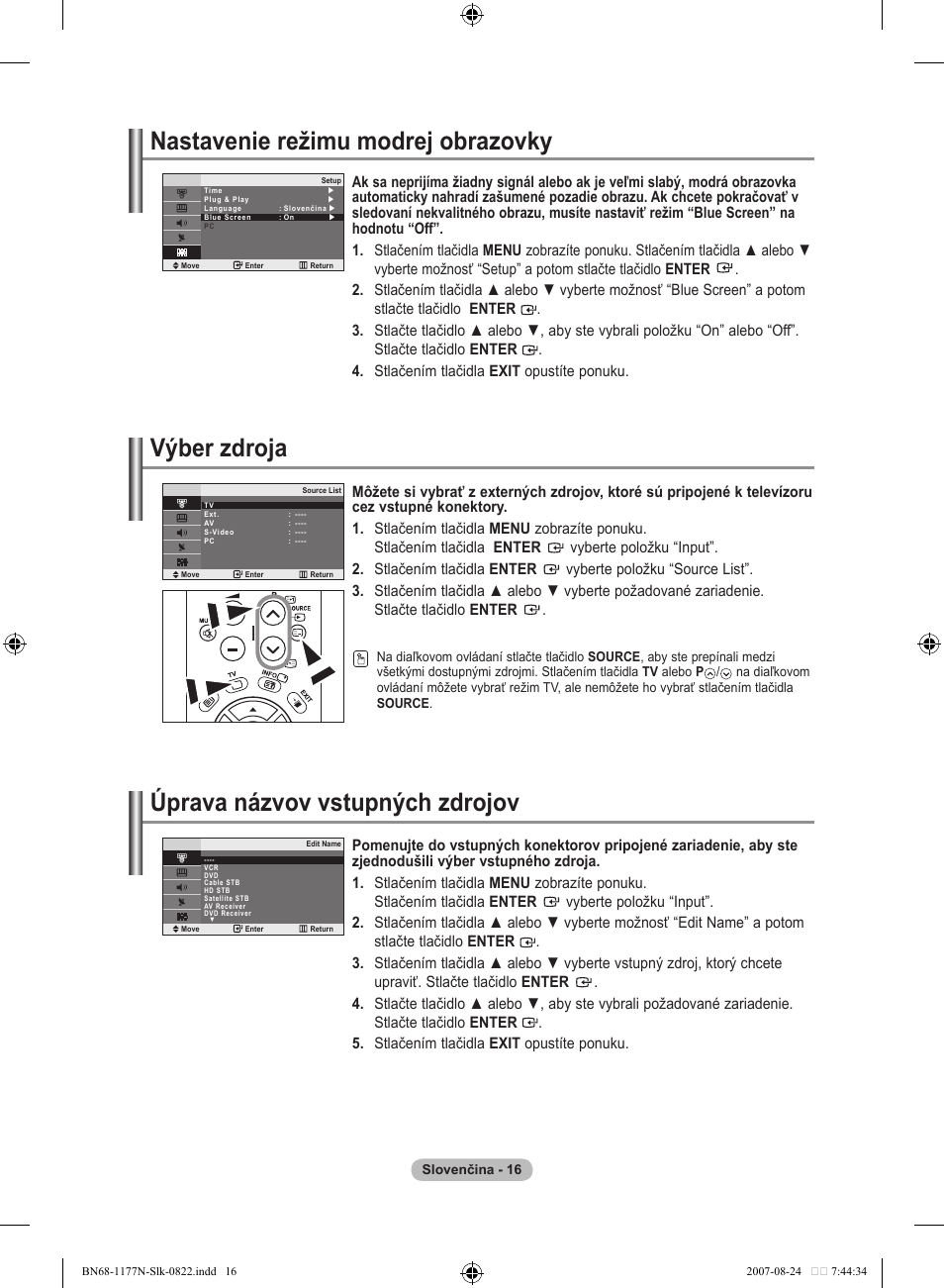 Nastavenie režimu modrej obrazovky, Výber zdroja, Úprava názvov vstupných zdrojov | Samsung LE20S81B User Manual | Page 240 / 271
