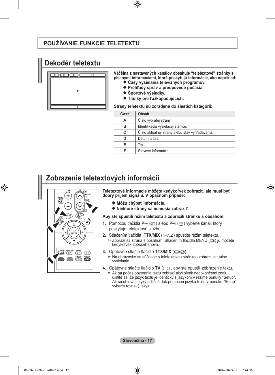 Dekodér teletextu, Zobrazenie teletextových informácií, Používanie funkcie teletextu | Samsung LE20S81B User Manual | Page 241 / 271