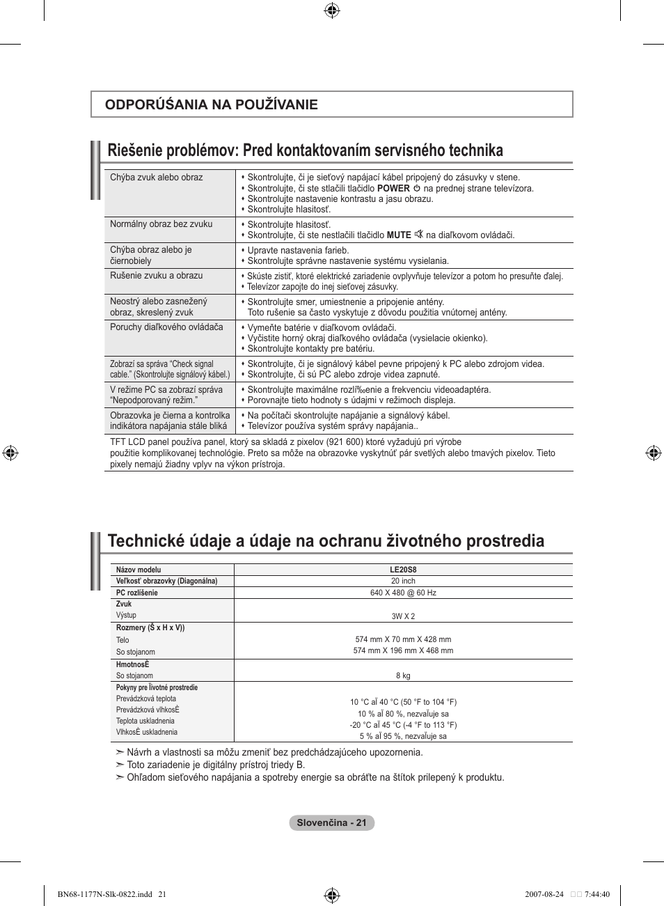Odporúśania na používanie | Samsung LE20S81B User Manual | Page 245 / 271