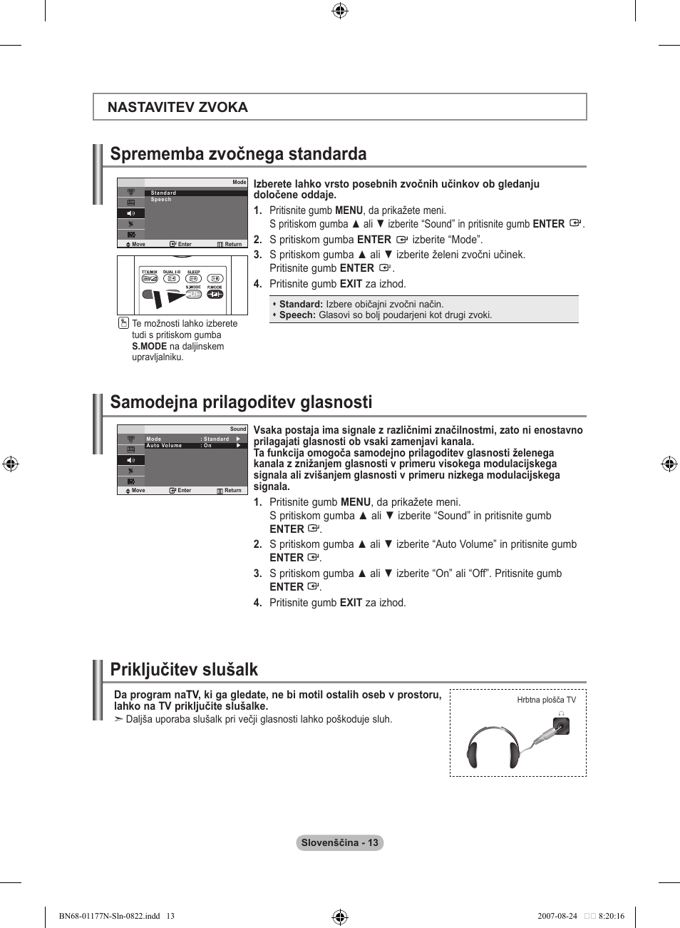 Samodejna prilagoditev glasnosti, Sprememba zvočnega standarda, Priključitev slušalk | Nastavitev zvoka | Samsung LE20S81B User Manual | Page 259 / 271