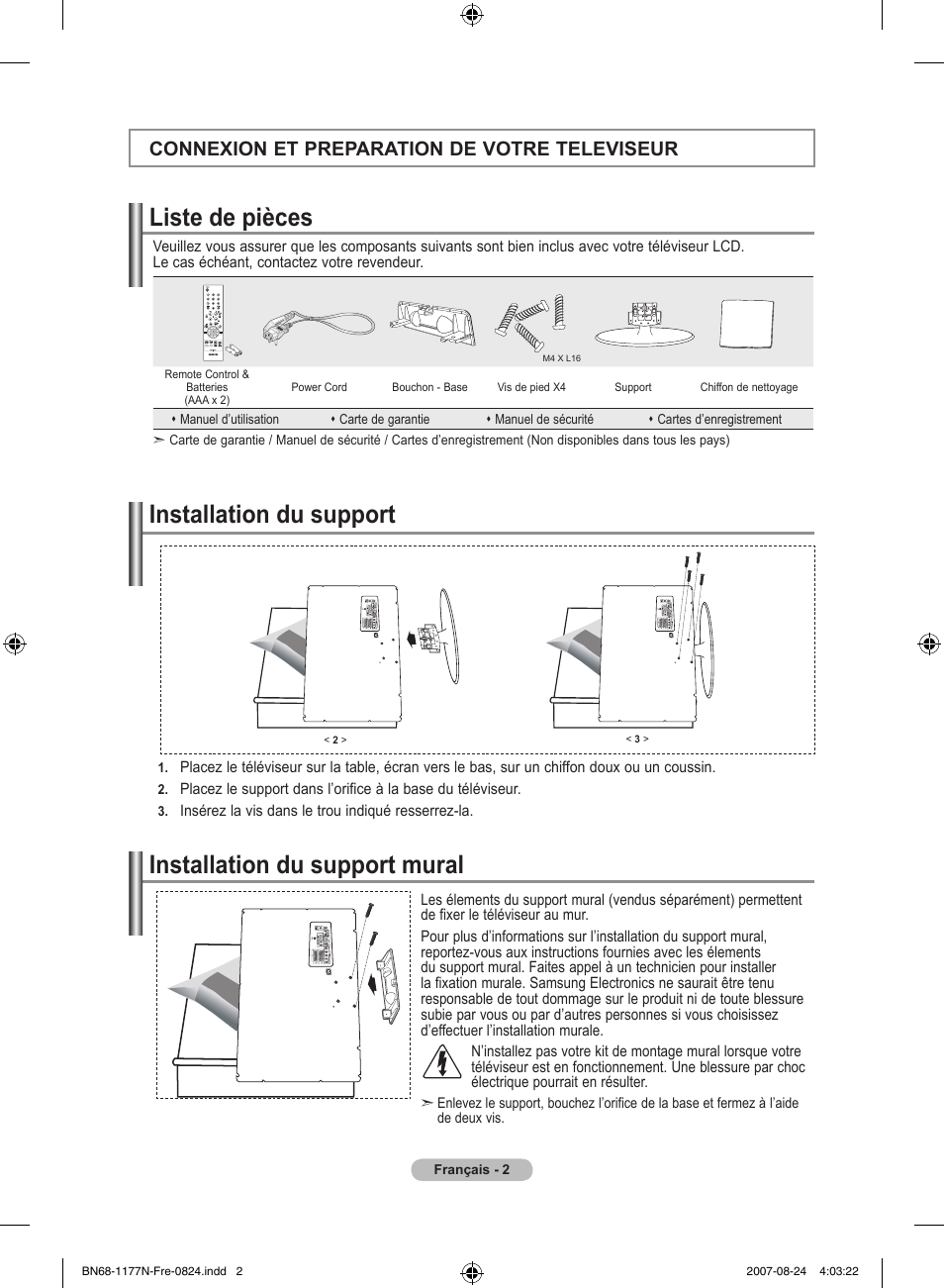 Liste de pièces, Connexion et preparation de votre televiseur | Samsung LE20S81B User Manual | Page 26 / 271