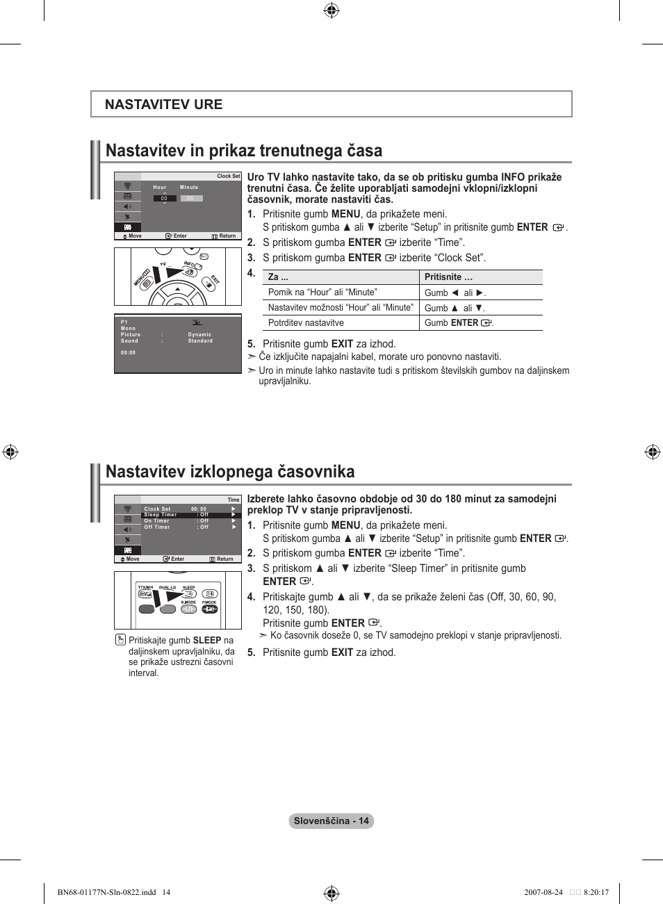 Nastavitev in prikaz trenutnega časa, Nastavitev izklopnega časovnika, Nastavitev ure | Pritisnite gumb exit za izhod | Samsung LE20S81B User Manual | Page 260 / 271