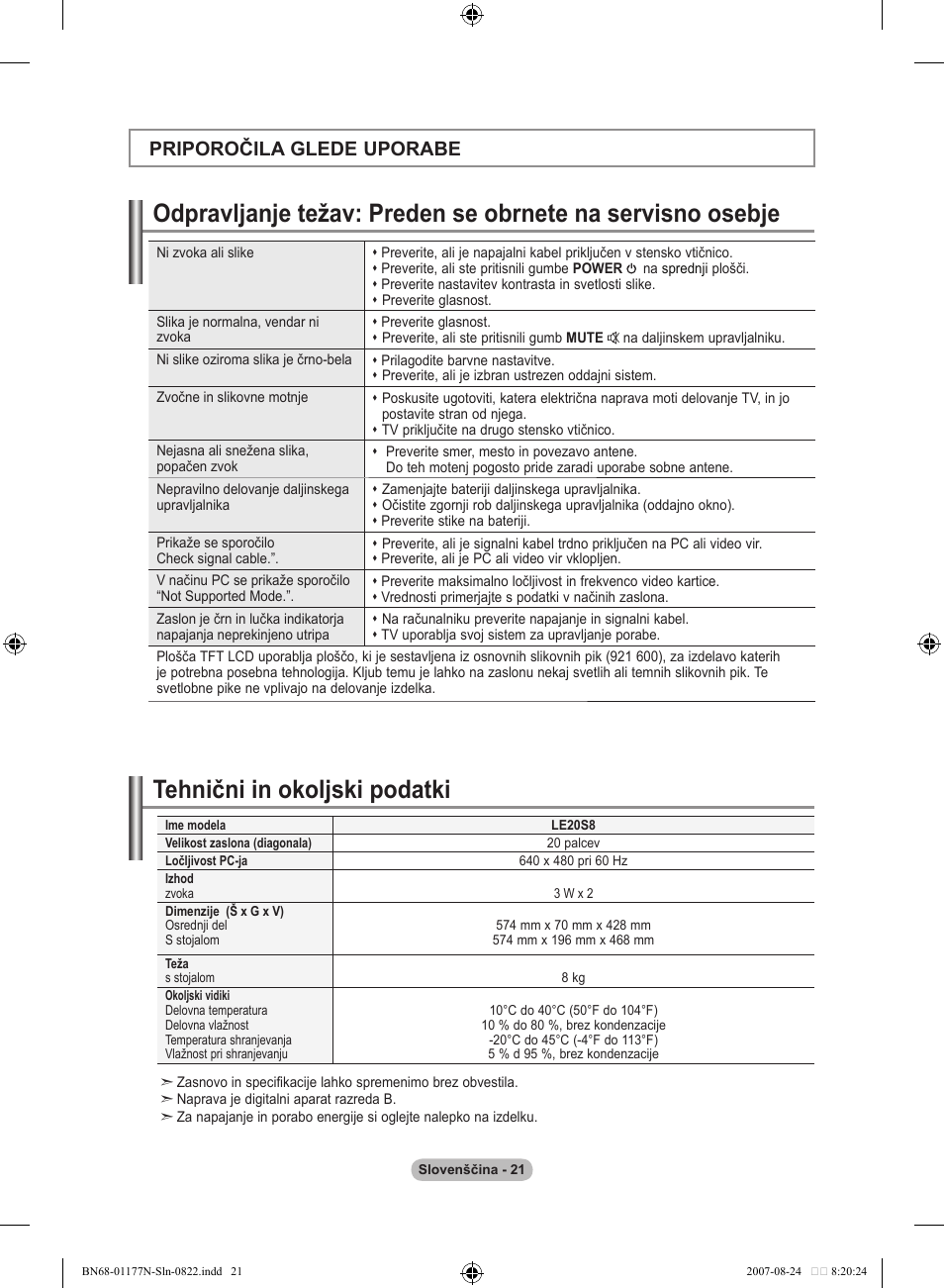 Tehnični in okoljski podatki, Priporočila glede uporabe | Samsung LE20S81B User Manual | Page 267 / 271