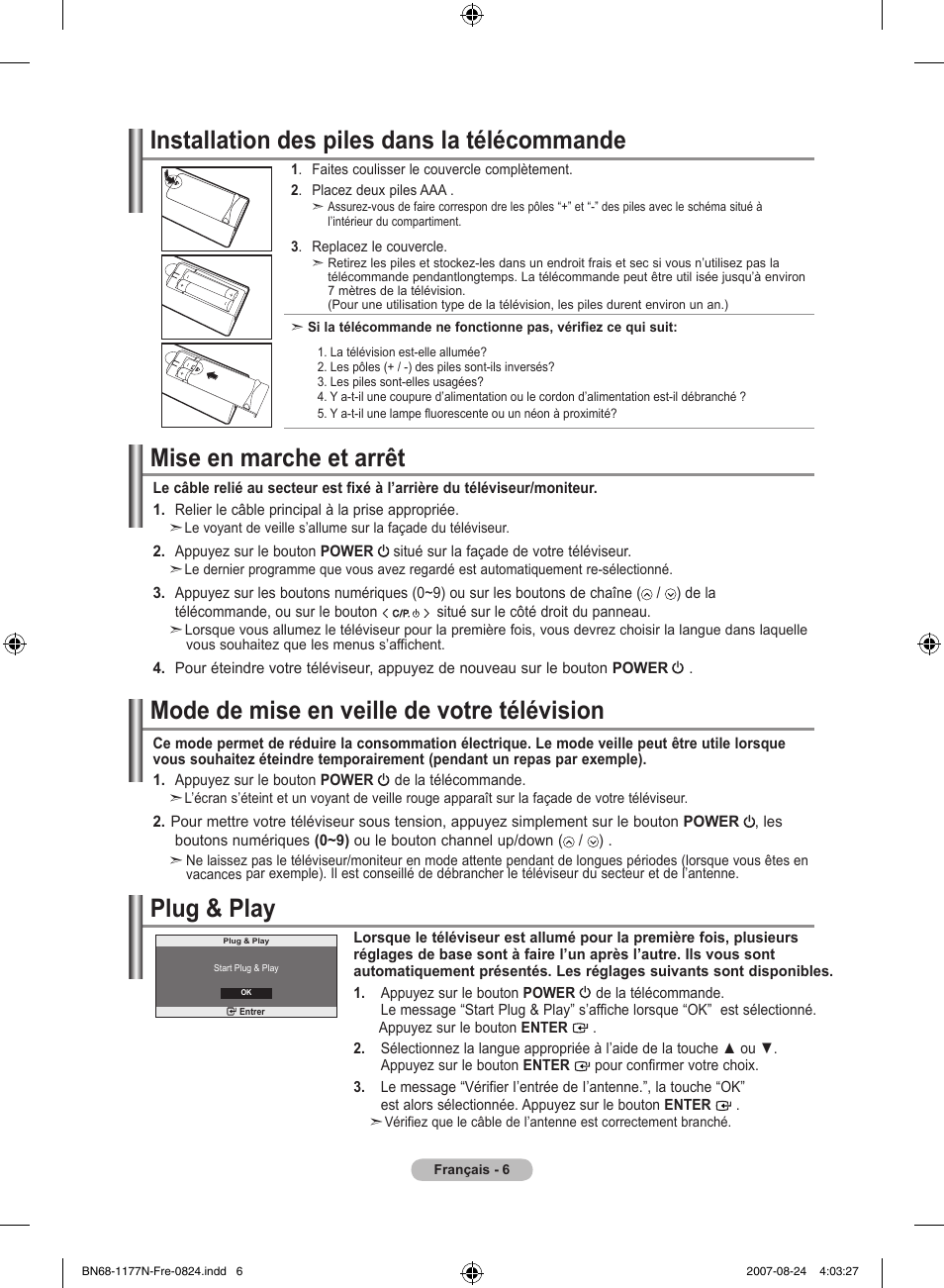 Mise en marche et arrêt, Mode de mise en veille de votre télévision, Plug & play | Installation des piles dans la télécommande | Samsung LE20S81B User Manual | Page 30 / 271