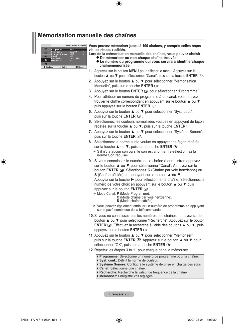Mémorisation manuelle des chaînes | Samsung LE20S81B User Manual | Page 32 / 271