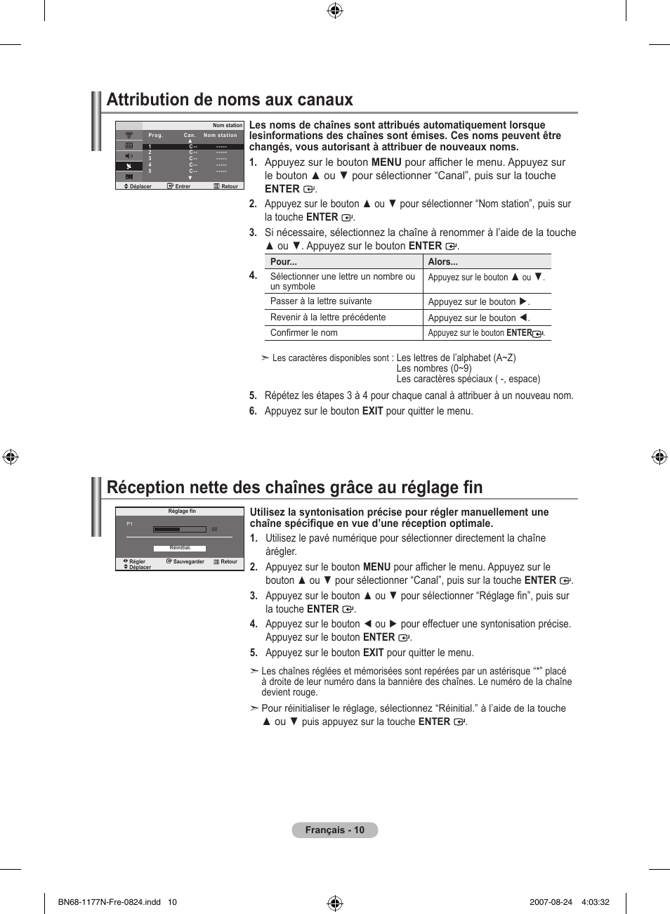Attribution de noms aux canaux, Réception nette des chaînes grâce au réglage fin | Samsung LE20S81B User Manual | Page 34 / 271