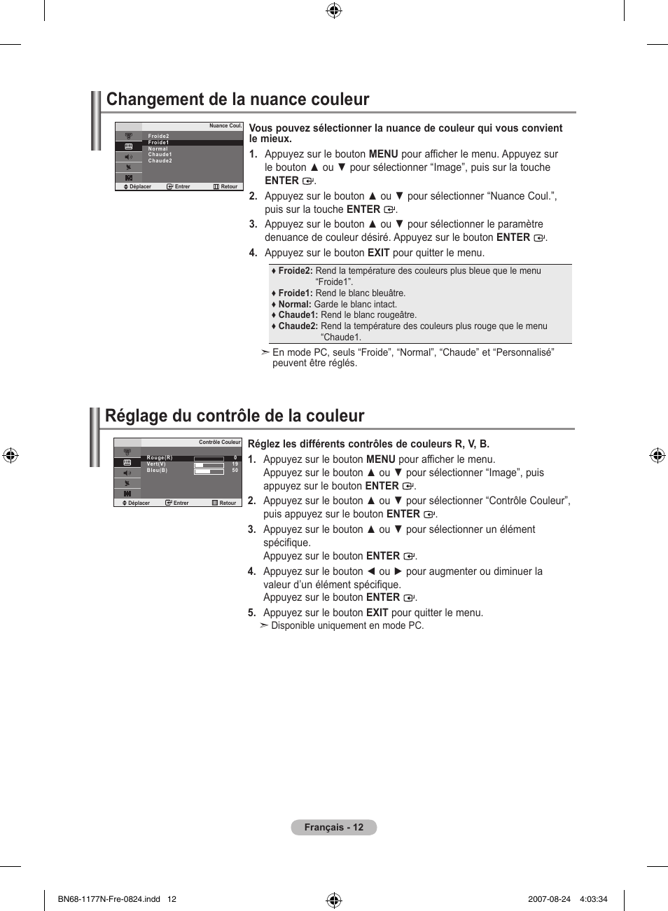 Changement de la nuance couleur, Réglage du contrôle de la couleur | Samsung LE20S81B User Manual | Page 36 / 271