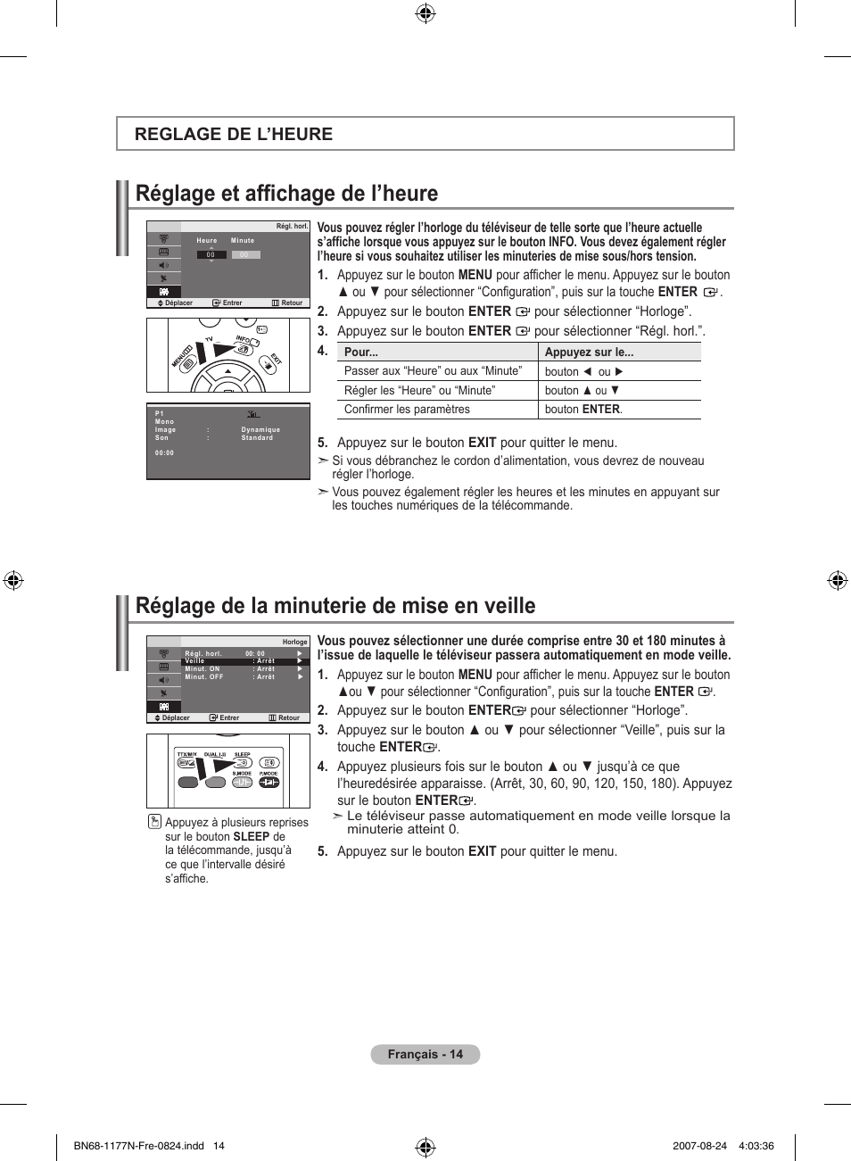 Réglage et affichage de l’heure, Réglage de la minuterie de mise en veille, Reglage de l’heure | Appuyez sur le bouton exit pour quitter le menu | Samsung LE20S81B User Manual | Page 38 / 271