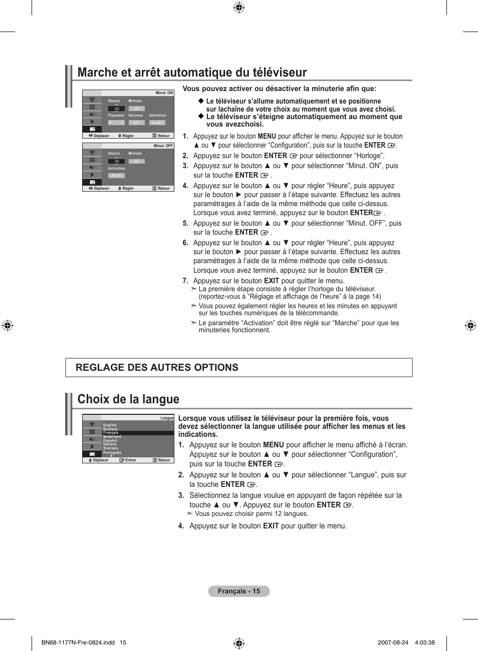 Marche et arrêt automatique du téléviseur, Choix de la langue, Reglage des autres options | Appuyez sur le bouton exit pour quitter le menu | Samsung LE20S81B User Manual | Page 39 / 271