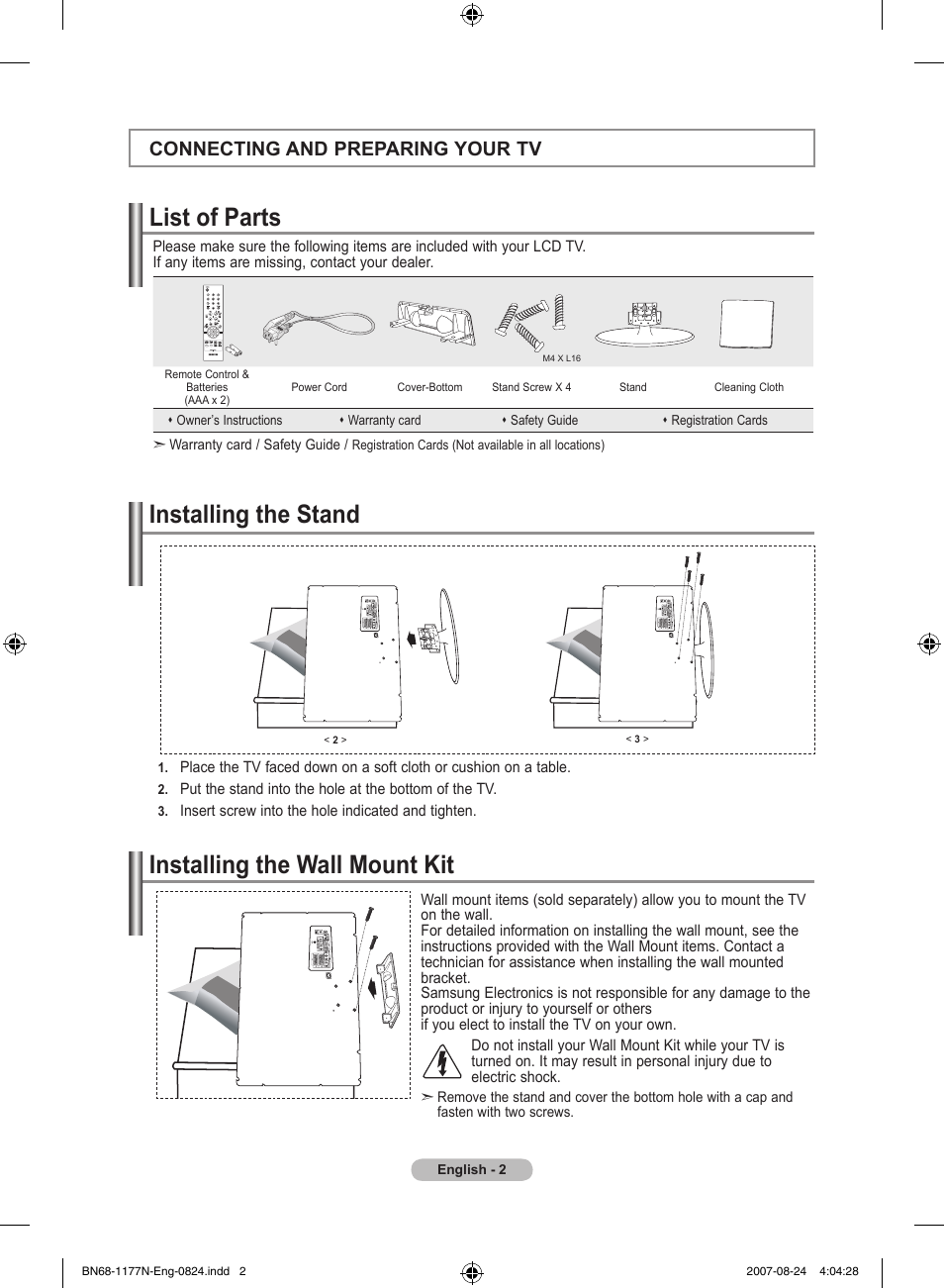 Connecting and preparing your tv, List of parts, Installing the stand | Installing the wall mount kit, Installing the stand installing the wall mount kit | Samsung LE20S81B User Manual | Page 4 / 271