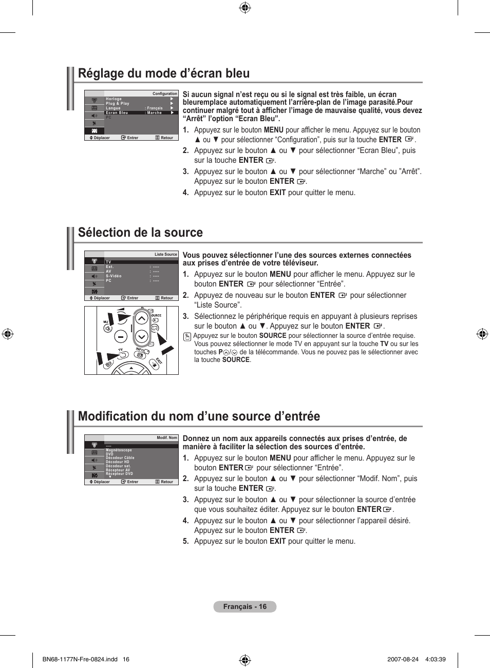 Réglage du mode d’écran bleu, Sélection de la source, Modification du nom d’une source d’entrée | Samsung LE20S81B User Manual | Page 40 / 271