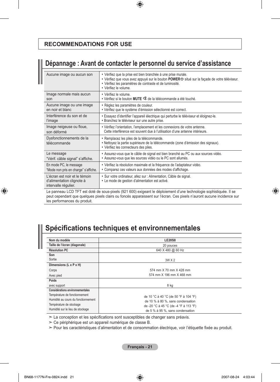 Spécifications techniques et environnementales, Recommendations for use | Samsung LE20S81B User Manual | Page 45 / 271