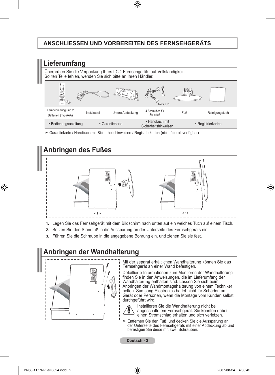 Lieferumfang, Anbringen des fußes anbringen der wandhalterung, Anschliessen und vorbereiten des fernsehgeräts | Samsung LE20S81B User Manual | Page 48 / 271